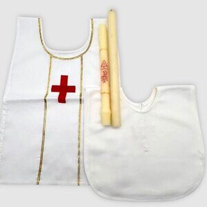 Baptism Candle Set Catholic Christening Bibs Chi Rho Cross White Red Infant